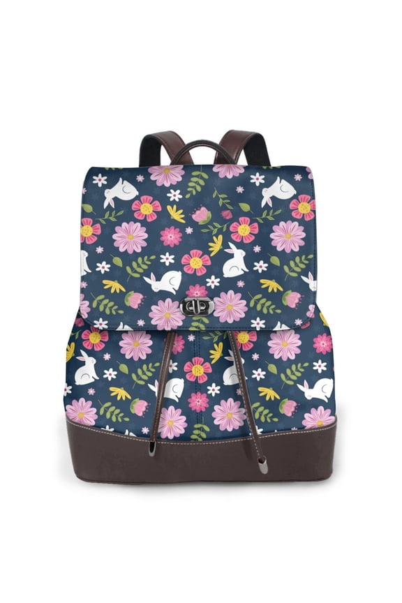 Floral Rabbit Print Large Backpack Soft Leather for Women Travel with Compartment, Adjustable Convertible Strap