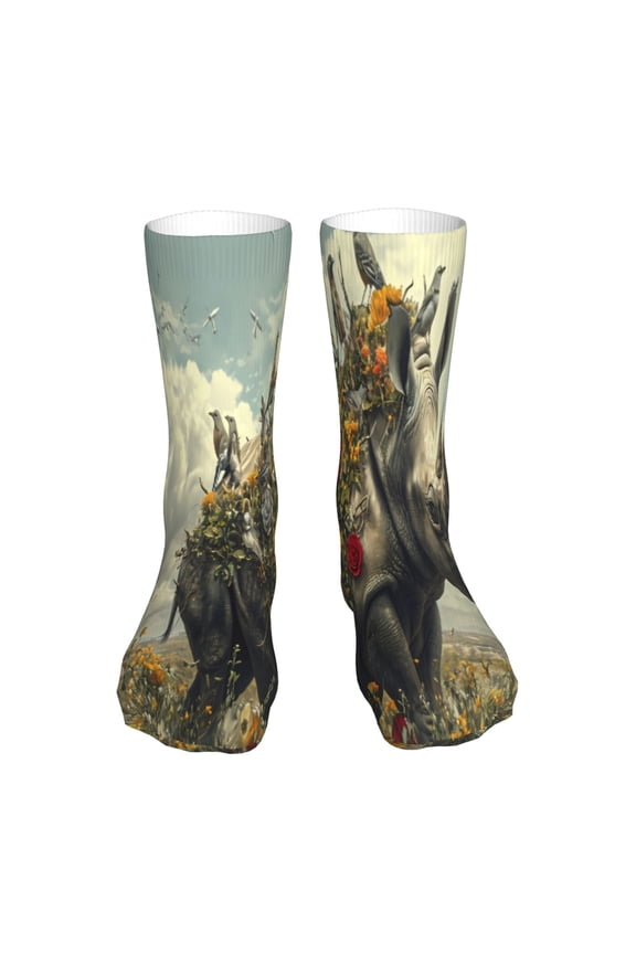 Floral Rhino With Birds Print Fashion No Heel Casual Crew Socks Cushioned Breathable for Men Women - Moisture wicking,Not easy to fade Suitable for daily