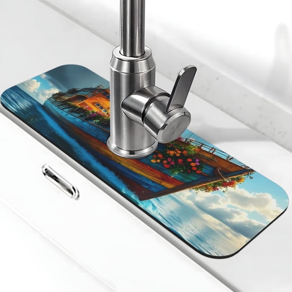 Xecao Floral Ship On Ocean for Kitchen Sink Splash Guard Faucet Mat , Faucet Guard & Draining mat, (15" X 5.5" )