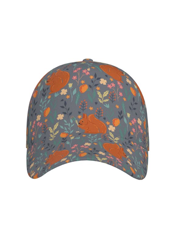 Floral Squirrel for Baseball Cap: Unisex, crafted from classic polyester twill fabric, featuring a soft unconstructed design