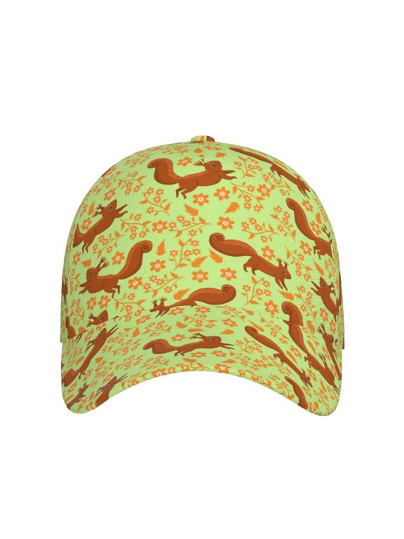 Floral Squirrel for Baseball Cap: Unisex, crafted from classic polyester twill fabric, featuring a soft unconstructed design