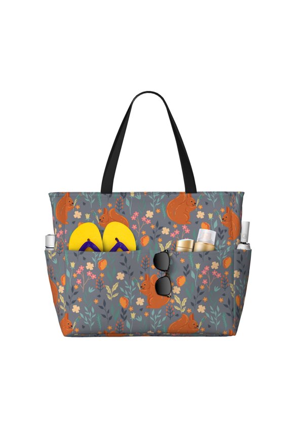 Floral Squirrel for versatile beach bag for women includes zipper pockets and waterproof material, ideal for vacations and adventures.
