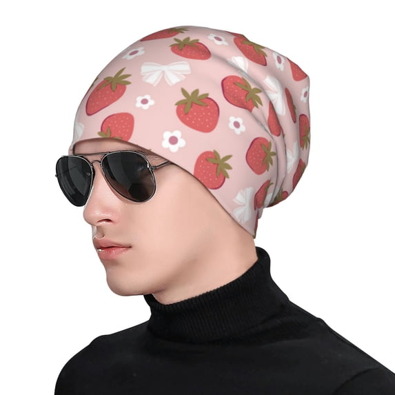 Xecao Floral Strawberr Print Beanie Knitted Hat for Men Women, Winter Fashion Knit Cuffed Caps Unisex
