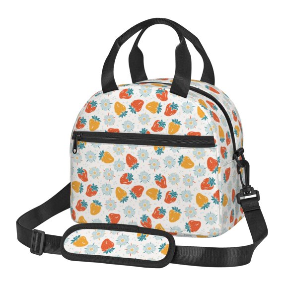 Xecao Floral Strawberr Print Insulated Lunch Box, Lunch Cags Lunch Bag Featuring An Adjustable Shoulder Strap