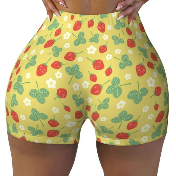 Xecao Floral Strawberr Print Workout Shorts for Women Soft Smooth Gym Yoga Scrunch Active Tennis Workout Running Shorts