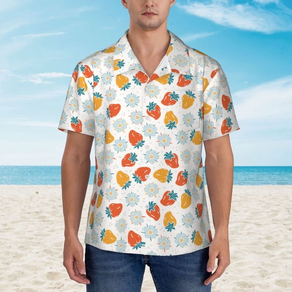 Xecao Floral Strawberr print Hawaiian shirt - a stylish short-sleeve button-down for men, perfect for casual beach and tropical outings.