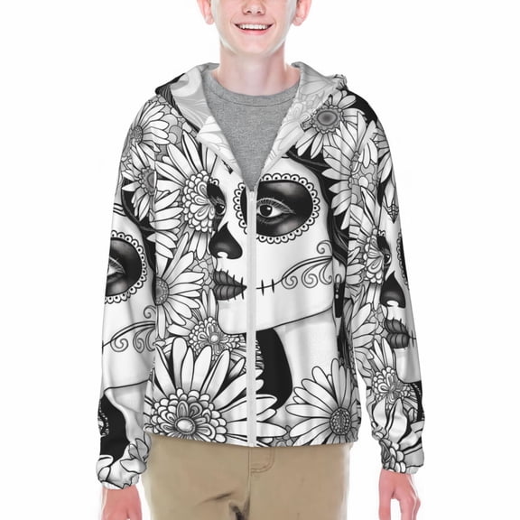 Xecao Floral Sugar Skull Portrait Print Fishing Shirts for teenager Long Sleeve UV Sun Protection Hoodie with Zipper Outdoor Hiking Shirts-Large