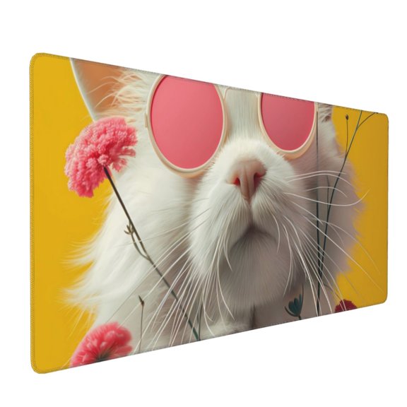 Xecao Floral Sunglasses Cat Art Print Large Mouse Pad, 16x35.5in Mousepad, Professional Non-Slip Rubber Base Big Mouse Pad, Mouse Pad for Gaming & Office Full Desk Mouse Pad