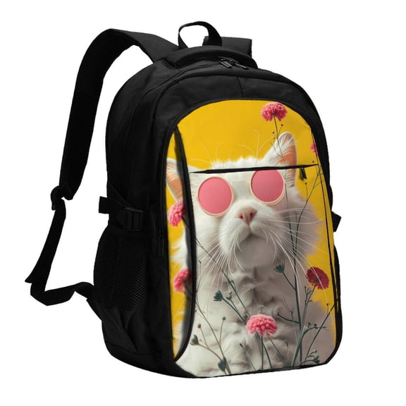 Xecao Floral Sunglasses Cat Art for Travel Laptop Backpack, USB-Charging-Enabled, Spacious Business Backpack for Men and Women,College School Computer Bag