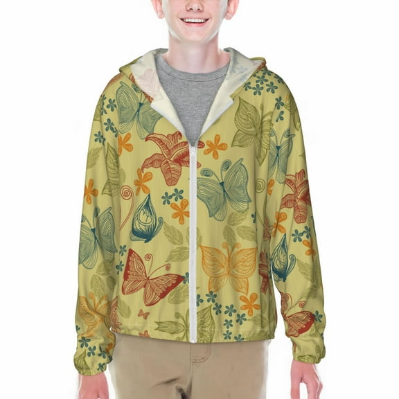 Xecao Floral with Butterflies Print Fishing Shirts for teenager Long Sleeve UV Sun Protection Hoodie with Zipper Outdoor Hiking Shirts-Large
