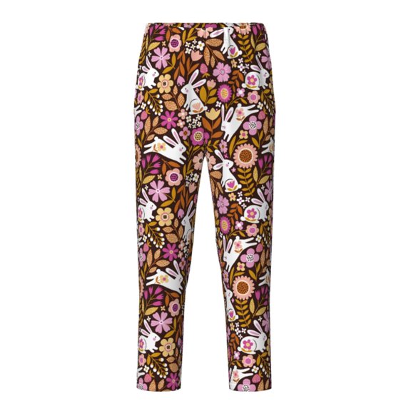 Xecao Flower Bunny Print Teenagers' Pajama Pants Long Sleep Pants Soft Elastic Waist Pajama Bottoms Elastic waist with 2 Pockets 5-16 Years-Large