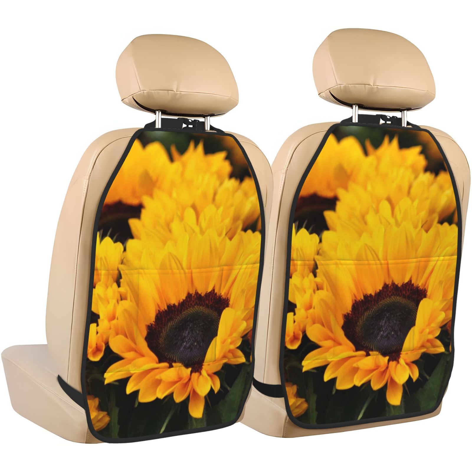 Xecao Flower Bush Sunflower Pattern Car Seat Back Protector 2 Pack Large Capacity Pocket, Kick Mats Back Seat Protector