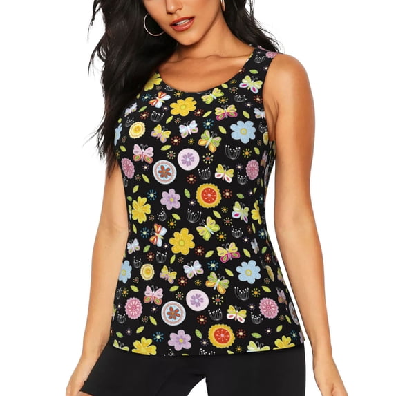 Xecao Flower Butterfly print women's scoop neck, loose-fit workout tank tops for the gym.