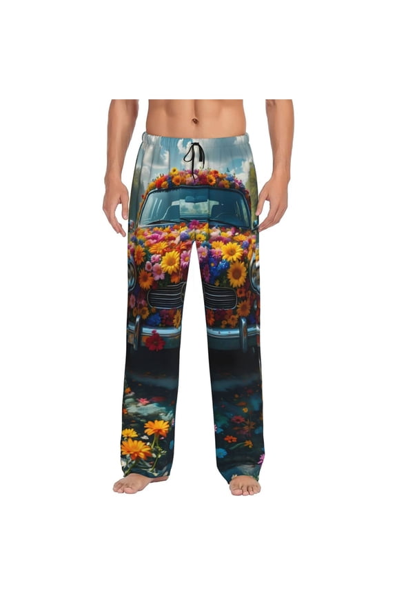 Flower Covered Vintage Car Print Men's Straight Lounge Pajama Pants - The Ultimate in Comfortable Sleepwear-X-Large