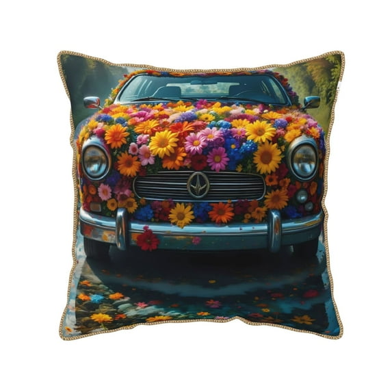 Xecao Flower Covered Vintage Car Print Soft Velvet Decorative Throw Pillow Covers, Square Cushion Cases for Bed, Sofa, Living Room, Car, and Indoor Outdoor Use-20"x20"