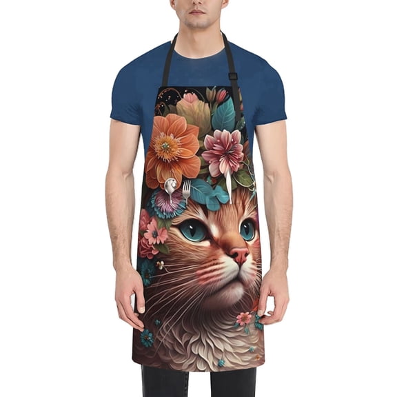 Xecao Flower Crown Cat Print Kitchen Cooking Aprons, Waterproof Adjustable Bib Aprons with 2 Pockets for Women Men Chef