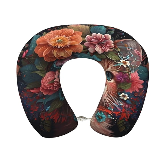 Xecao Flower Crown Cat Print Memory Foam Cervical Neck Pillow Versatile U-Shaped Pillows for Home,Office,Camping,Travelling,Soft Washable Cover