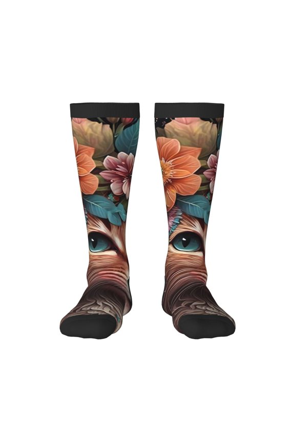 Flower Crown Cat print thigh-high socks, crafted for both men and women with a stretchy, high-opaque design perfect for daily wear