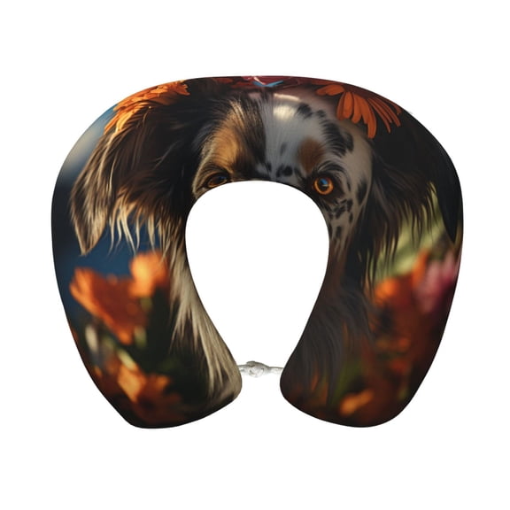 Xecao Flower Crown Dog Print Memory Foam Cervical Neck Pillow Versatile U-Shaped Pillows for Home,Office,Camping,Travelling,Soft Washable Cover