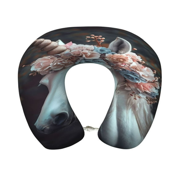 Xecao Flower Crown White Horse Print Memory Foam Cervical Neck Pillow Versatile U-Shaped Pillows for Home,Office,Camping,Travelling,Soft Washable Cover