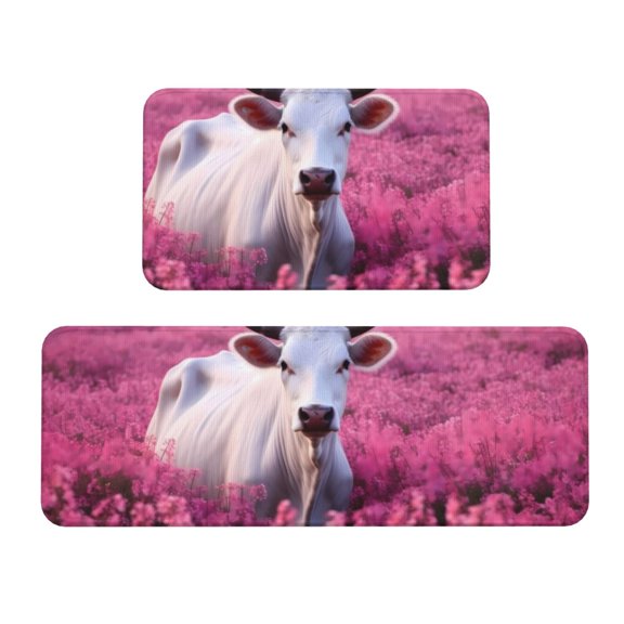 Xecao Flower Field Cow Patten Kitchen Rugs and Mats Sets,2 Pieces Non-Slip Washable Rugs, Kitchen Mat for Floor,Suit for Kitchen Decor and Accessories