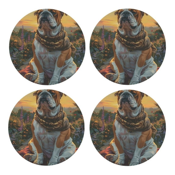 Xecao Flower Field Cute Bulldog for MDF Cork Coaster 4 Pcs,Drink Coasters,Suit for House Warming Gifts New Home ,Coffee Table Decor-Round Shape
