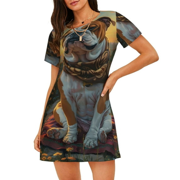 Xecao Flower Field Cute Bulldog for Women's Loose Nightgown Sleepwear Short Sleeves Shirt Casual Print Sleepdress