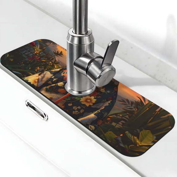 Xecao Flower Field Poodle for Kitchen Sink Splash Guard Faucet Mat , Faucet Guard & Draining mat, (15" X 5.5" )