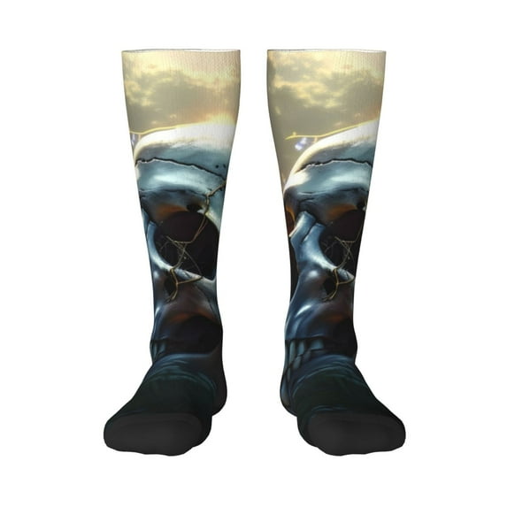 Xecao Flower Field Skull print thigh-high socks, crafted for both men and women with a stretchy, high-opaque design perfect for daily wear