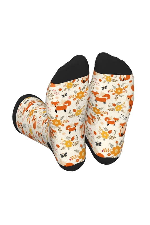 Flower Fox Print Crew Socks for Men and Women, Men's Soft Moisture-wicking Sock