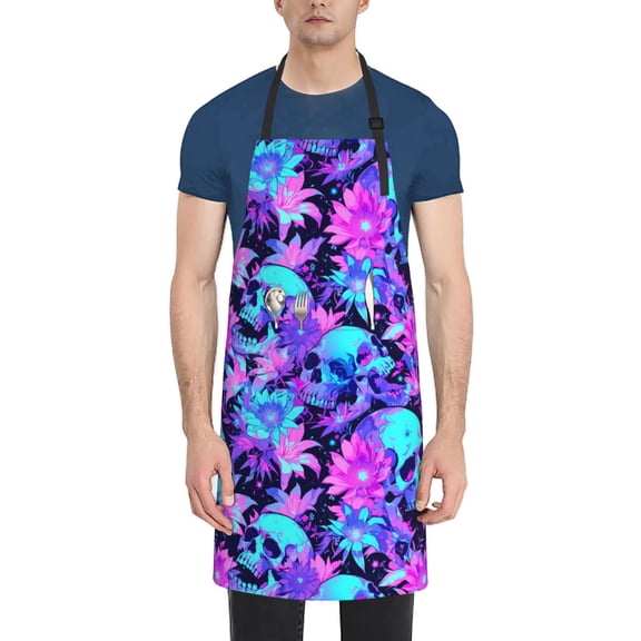 Xecao Flower Happy Skull Print Kitchen Cooking Aprons, Waterproof Adjustable Bib Aprons with 2 Pockets for Women Men Chef