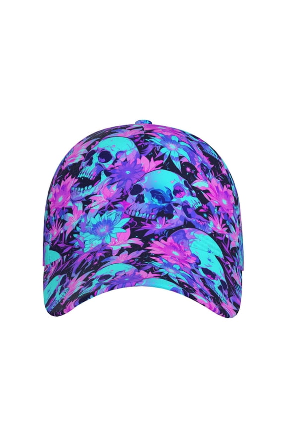 Flower Happy Skull for Baseball Cap: Unisex, crafted from classic polyester twill fabric, featuring a soft unconstructed design