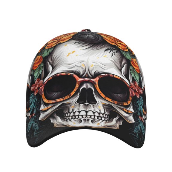Xecao Flower Horn Skull A for Baseball Cap: Unisex, crafted from classic polyester twill fabric, featuring a soft unconstructed design