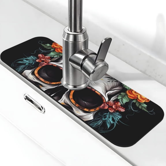 Xecao Flower Horn Skull A for Kitchen Sink Splash Guard Faucet Mat , Faucet Guard & Draining mat, (15" X 5.5" )