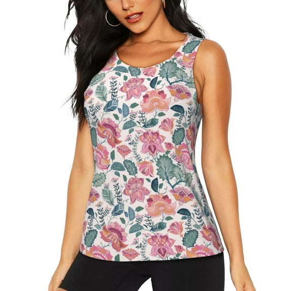 Xecao Flower Leaves print women's scoop neck, loose-fit workout tank tops for the gym.