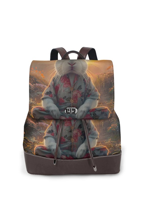 Flower Meditating Rabbit Print Large Backpack Soft Leather for Women Travel with Compartment, Adjustable Convertible Strap