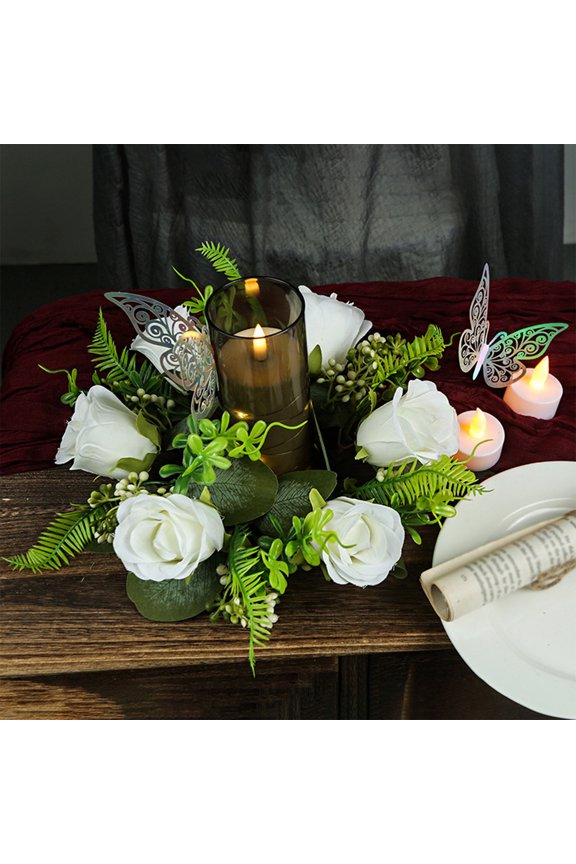 Rose Flower Wreath 11" Mini Candle Ring Artificial Floral Wreath for Front Door Wall Decor Wedding Centerpieces Mother's Day Spring Holiday Decorations