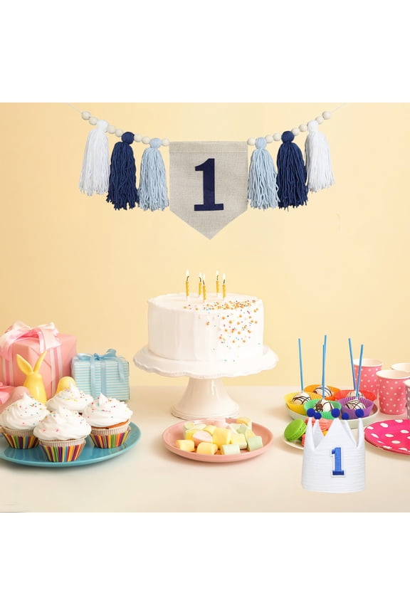 1st Birthday Tassel Banner with Hat High Chair Decoration Fabric Streamer Garland for Baby Girl First Birthday Party Photo Backdrop