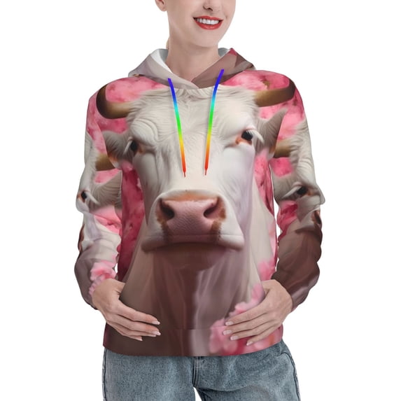 Xecao Flower White Cow Pattern Hoodies for Women Sweatshirts Long Sleeve Sweatshirts Pullover Outfits with Pocket-Medium