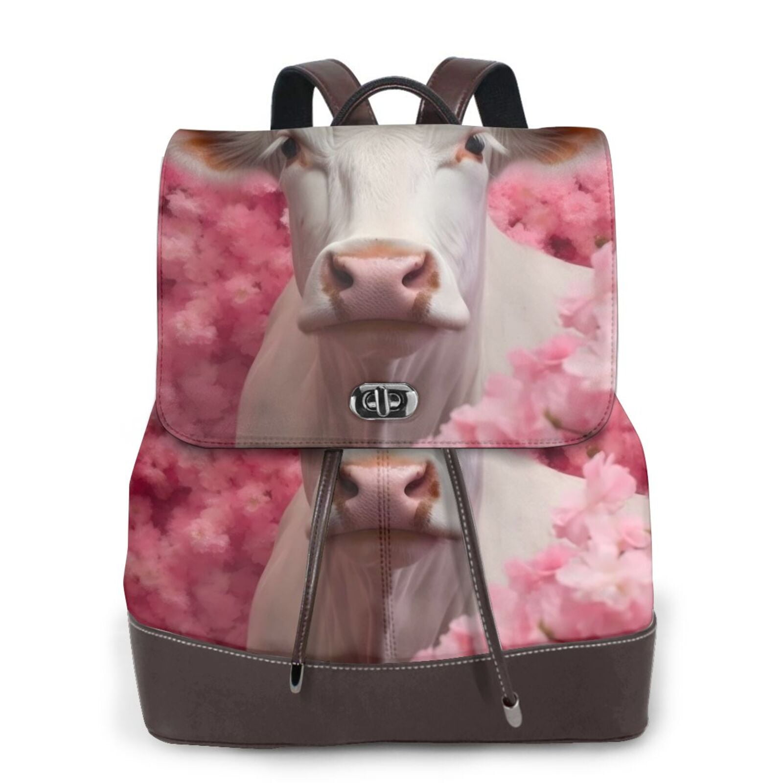 Xecao Flower White Cow Print Large Backpack Soft Leather for Women Travel with Compartment, Adjustable Convertible Strap