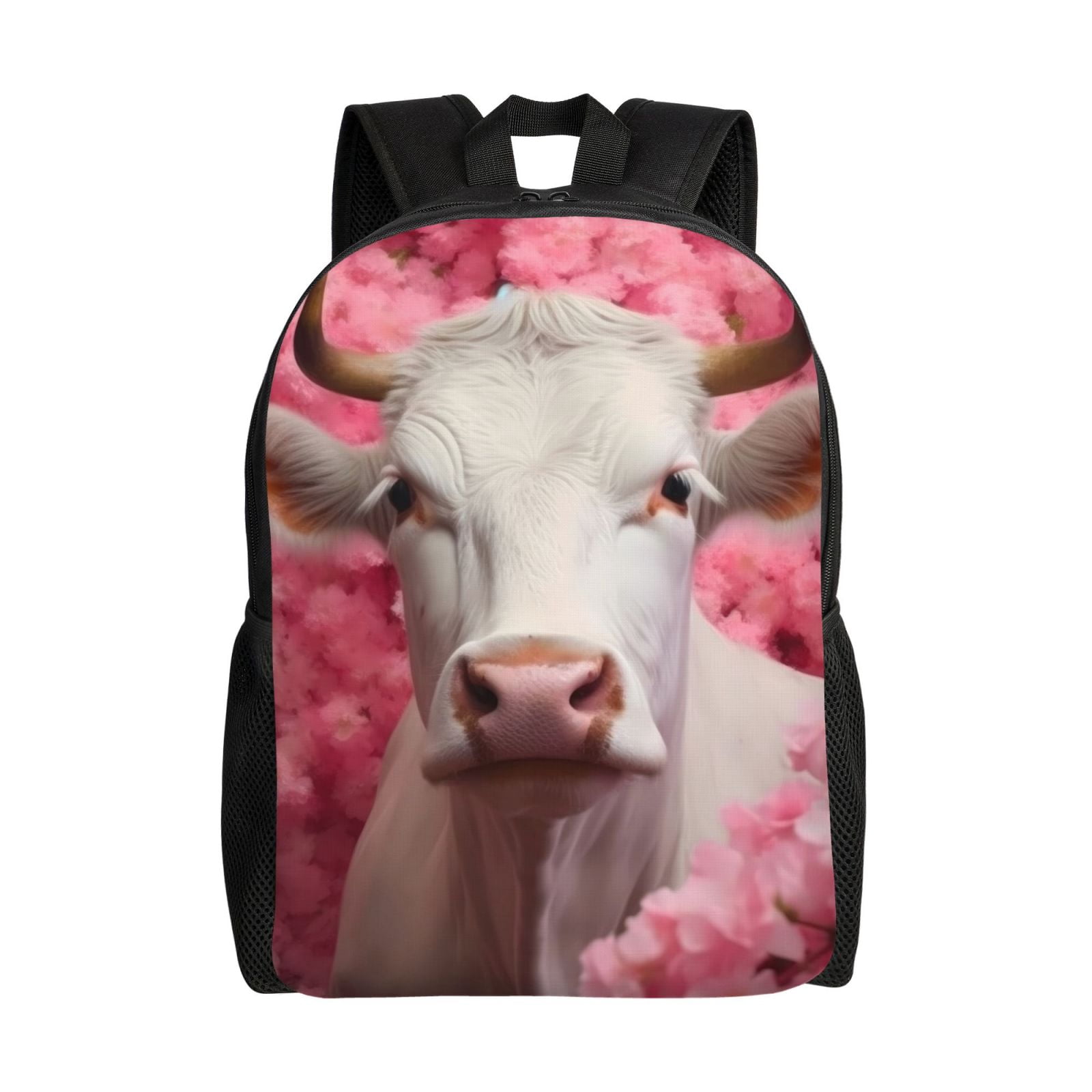 Xecao Flower White Cow Print School Backpack with Laptop Compartment Small Travel Laptop Backpack for Women Men Waterproof College Backpack Simple School Bag