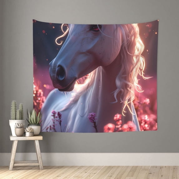 Xecao Flower White Horse patten Tapestry 60x51 Inches Wall Hanging Poster Tapestry for Living Room Bedroom Home Decor