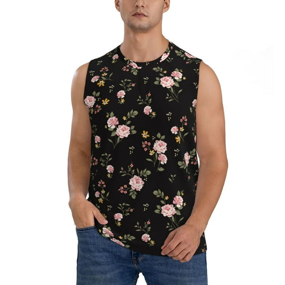 Xecao Flowers Print Men's Tank Top: Sleek Sleeveless Tee for Casual Sports and Beach Occasions-Large