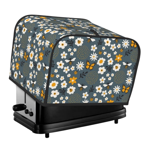 Xecao Flowers and Bee Print 4 Slice Toaster Cover with Pockets, Small Appliance Cover, Dust and Fingerprint Protection, Machine Washable