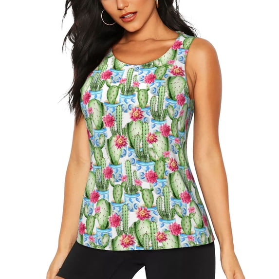 Xecao Flowers and Cactus print women's scoop neck, loose-fit workout tank tops for the gym.