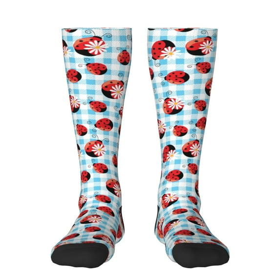 Xecao Flowers and Lady Bugs print thigh-high socks, crafted for both men and women with a stretchy, high-opaque design perfect for daily wear