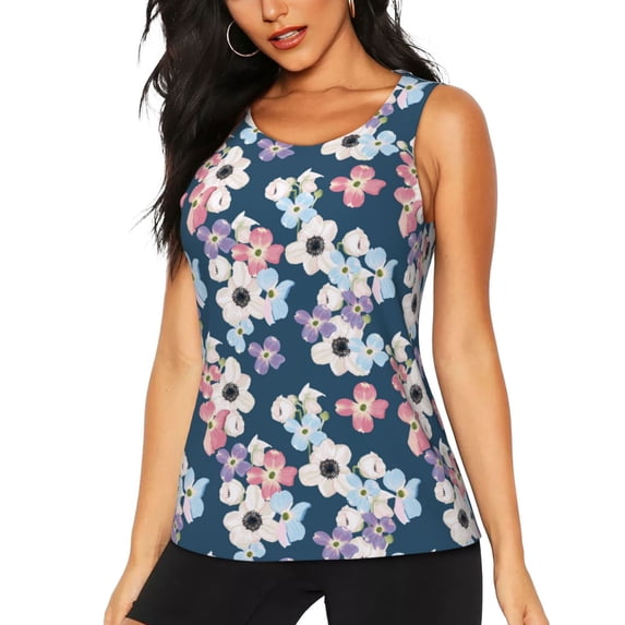 Xecao Flowers print women's scoop neck, loose-fit workout tank tops for the gym.