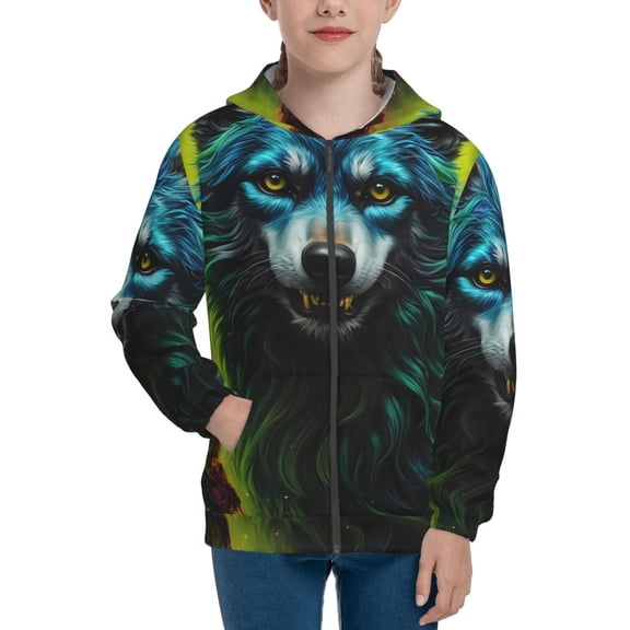Xecao Fluorescent Wolf Pattern Zip Up Hoodies for Boys Girls, Sweatshirt with Pockets-Small