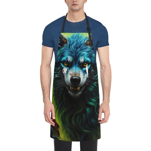 Xecao Fluorescent Wolf Print Kitchen Cooking Aprons, Waterproof Adjustable Bib Aprons with 2 Pockets for Women Men Chef
