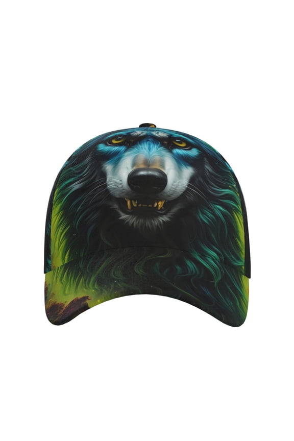 Fluorescent Wolf for Baseball Cap: Unisex, crafted from classic polyester twill fabric, featuring a soft unconstructed design